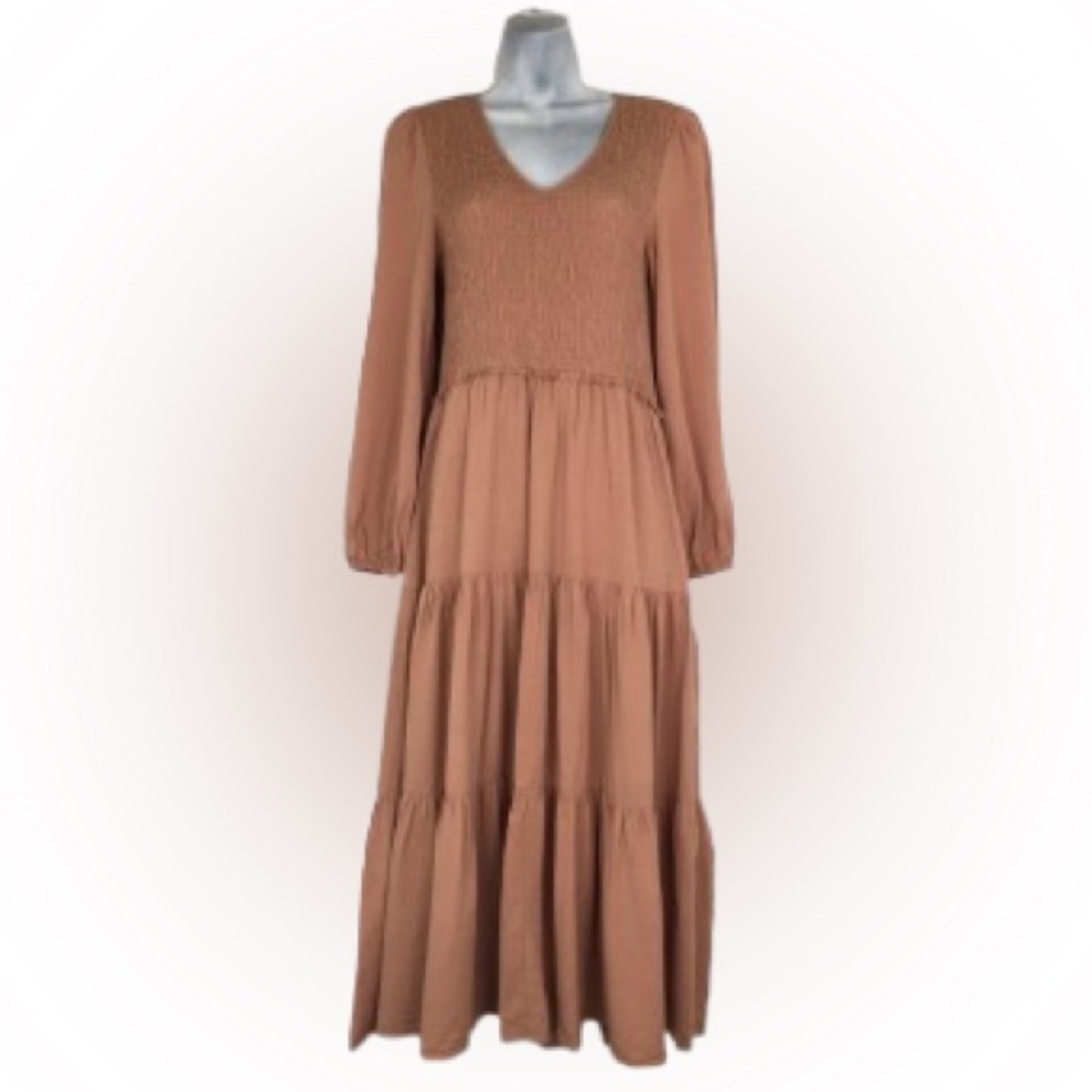 Bohme Smocked Milkmaid Tiered Midi Dress Women’s Size Small Tan Boho Prairie